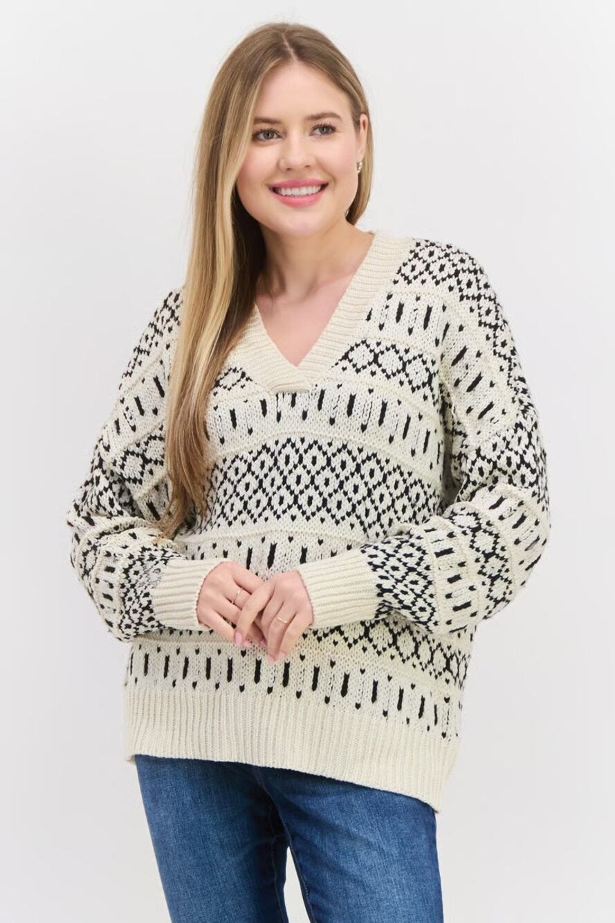 Black Tape V-Neck Cream & Black Nordic Sweater Women's Size Small Fishermancore